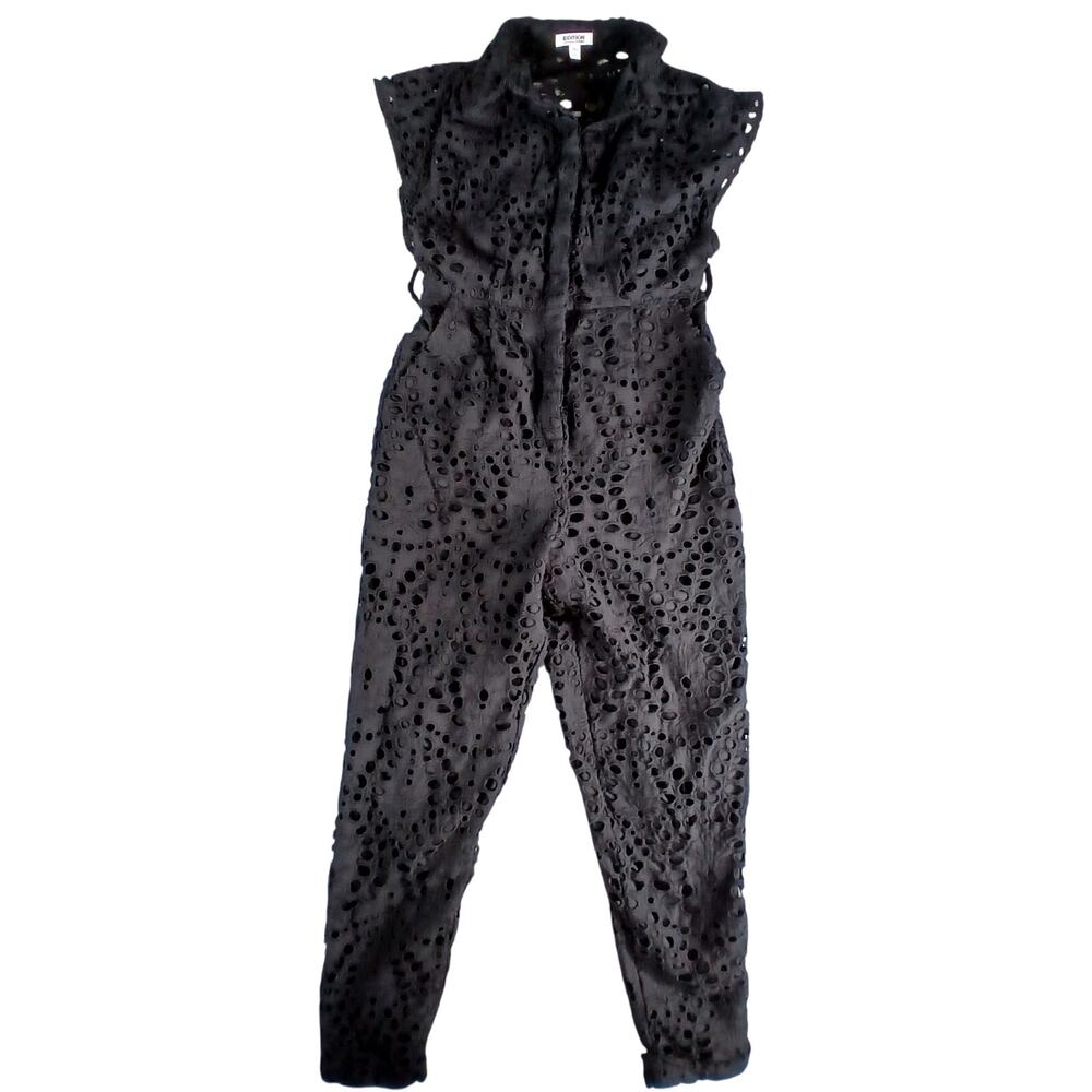 Edition Express Jumpsuit Womens Small Black Lace Sleeveless Jumper Cotton Button
